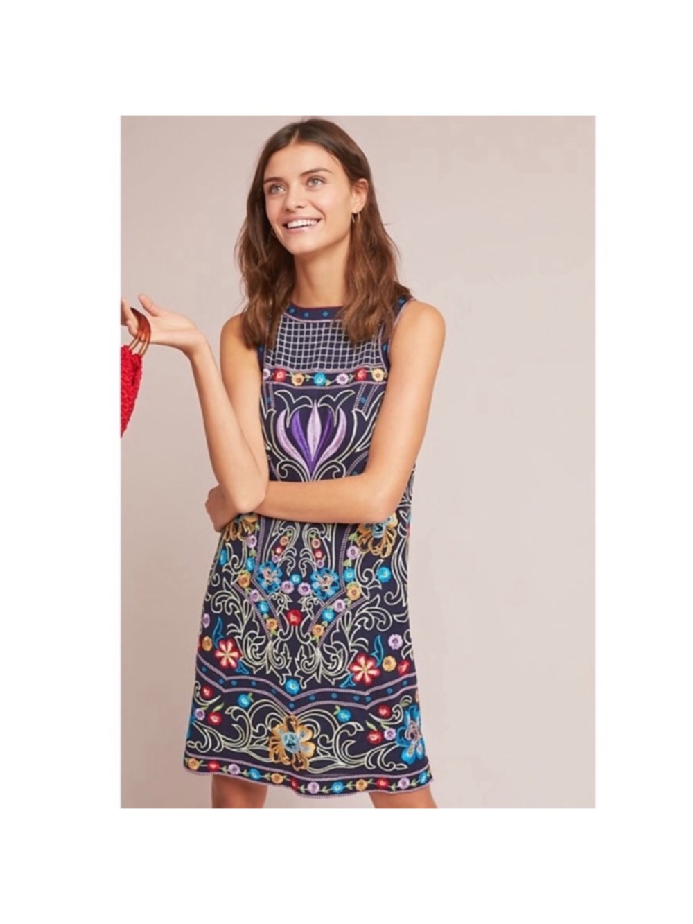 Anthropologie Maeve Kira Navy Floral Embroidered Tunic Dress Womens Sz 2